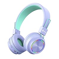 iClever BTH03 Kids Bluetooth Headphones Safe Volume, Colorful LED Lights, 25H Playtime, Stereo Sound Mic, Bluetooth 5.0, Foldable, On Ear Kids Wireless Headphones for Tablet (Light Purple)