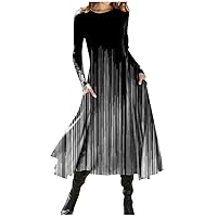 Christmas Party Dress,Casual Fall Winter Long Sleeve Plus Size Formal Ruched Flowy Elegant Vintage Floral Midi Dress