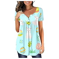 Women's Summer Casual Short Sleeve Tops Easter Print Button-Down Club Neck Fashion Loose T-Shirt