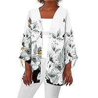 Long Sleeve Kimono for Women Retro Print Casual Duster Blouse Tops Coat 3/4 Sleeve Jackets Lightweight Cardigans