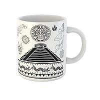Coffee Mug Mayan of Ancient American Ornaments on White Aztec Temple 11 Oz Ceramic Tea Cup Mugs Best Gift Or Souvenir For Family Friends Coworkers