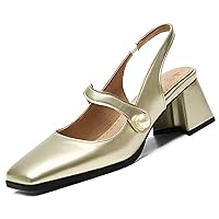 Women's Patent Leather Slingback Chunky Heel Mary Janes Comfortable Closed Square Toe Mid Block Heel Pumps with Elastic Strap Slip On Party Dress Shoes