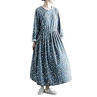 Cotton Linen Casual O Neck Long Sleeve Floral Qipao Retro Chinese Style Loose Long Dress