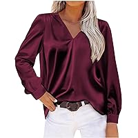 Women Satin Tops 2023 Long Sleeve V Neck Blouses Elegant Evening Party Solid Color Dressy Shirts for Going Out