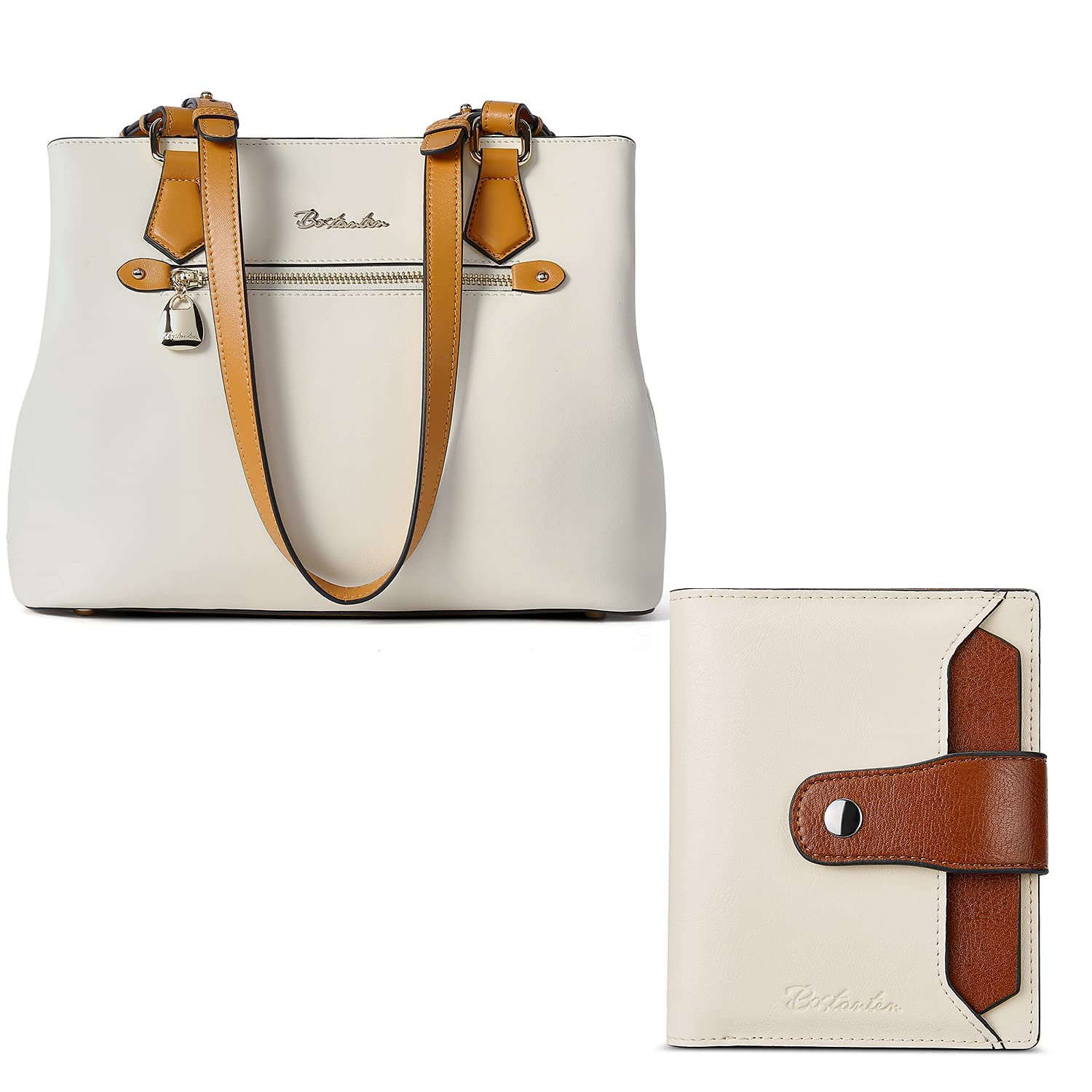 BOSTANTEN Women Handbag Genuine Leather Soft Designer Top Handle Purses Bundle with Women Leather Wallet RFID Blocking Small Bifold Wallet with ID Window