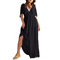 Women's Flowy Maxi Dress Casual V Neck Flutter Sleeves Tiered Long Dresses Sexy Backless Boho Beach Sundress