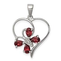 925 Sterling Silver Polished Open back Rhodium Garnet and Diamond Butterfly Angel Wings Love Heart Pendant Necklace Measures 25x18mm Wide Jewelry for Women