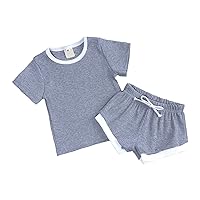 Toddlers Kids Girls Boys Fashional Ribbed Soild Short Sleeve Top Short Pants Infant 2pcs Pajamas Sleepwear