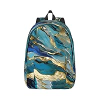 Azurite Teal And Foil Gold Oil Marble Pattern Print Canvas Laptop Backpack Outdoor Casual Travel Bag Daypack Book Bag For Men Women
