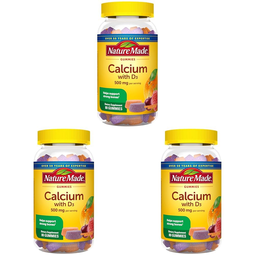 Nature Made Calcium Gummies 500 mg Per Serving with Vitamin D3, Dietary Supplement for Bone Support, 80 Gummies, 40 Day Supply (Pack of 3)
