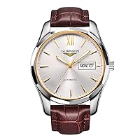 Guanqin Men's Tungsten Steel Case Leather Strap Self Winding Automatic Analog Watch with Luminous Display
