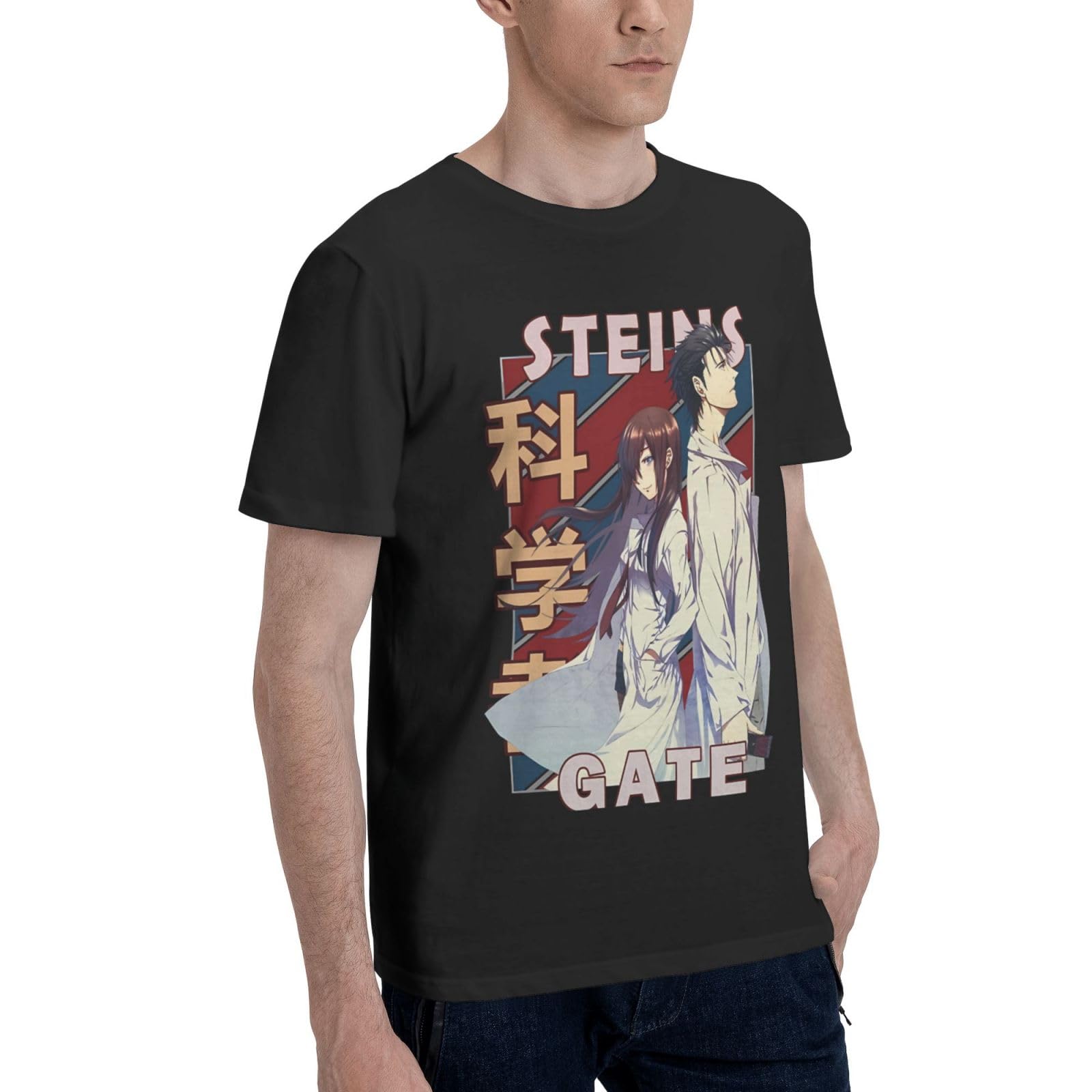 Anime Steins Gate T Shirt Man's Summer Round Neck Tops Casual Short Sleeves Tee Black