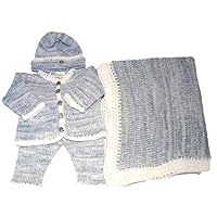 Knitted Blue Chenille White Stripes Infant Boys Cardigan Pant Hat Set