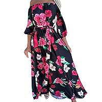 Women's Summer Dresses Casual 2023 Summer Dress Temperament Waist V Neck Printed Long Dress(Hot Pink-c,Large