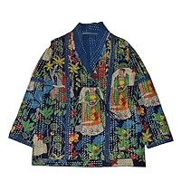 Printed V-Neck Kantha Quilted Jacket for Women, Full Sleeves Quilted Jackets, Reversible Jacket, Machine Wash, Patchwork Overcoat Winterwear Kantha Jackets, Daily & Partywear (XXL, Blue)