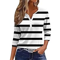 3/4 Sleeve T Shirts for Women Casual Printed Blouses Button Down V Neck Tshirts Relaxed Fit Dressy T Shirts