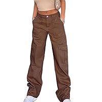 2023 Fall Basic Cargo Pants for Women Mid Waisted Casual Straight Leg Pants Baggy Stretchy Streetpants with Pockets