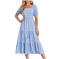 Milkmaid Dress Women Cottagecore Prom Dress Summer Beach Vacation Puff Sleeve Square Neck Flowy A Line Long Dress with Pocket