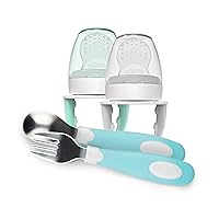 Dr. Brown's Designed to Nourish, Fresh Firsts Silicone Feeder, Mint and Grey, 2-Pack with Soft-Grip Spoon and Fork Set, Teal