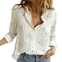Fall Cotton Linen Button Down Shirts for Women Solid Star Print Long Sleeve Tops Lightweight Cozy Blouses S-5XL