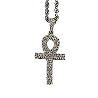 Flower Ankh Cross Men Women 925 Italy Iced Silver Charm Ice Out Pendant Stainless Steel Real 3 mm Rope Chain, Mans Jewelry, Iced Pendant, Rope Necklace 16