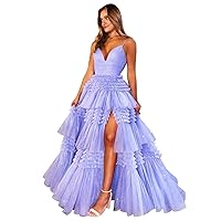 Tiered Glitter Tulle Prom Dresses for Women Princess Ball Gown Long Formal Evening Dress with Slit