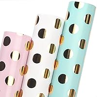 Ribbli Christmas Wrapping Paper Polka Dots Birthday Gift Wrapping Paper Mini Roll, 3 Rolls Pink White Blue Dots Pattern with Gold Foil for Baby Shower - 17 inch x 120 inch(10feet) Per Roll