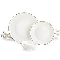 MALACASA Bone China Dinnerware Set, 12 Pieces Plates and Bowls Sets with Gold Rim, Cream-White Dinnerware Set for 4, Scratch Resistant Dinner Plates, Dessert Plates and Small Cereal Bowls, Series JERA