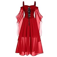 Women's Gothic Renaissance Dress, Plus Size Cold Shoulder Butterfly Sleeve Mesh Lace Up Dresses Fancy Party Gowns