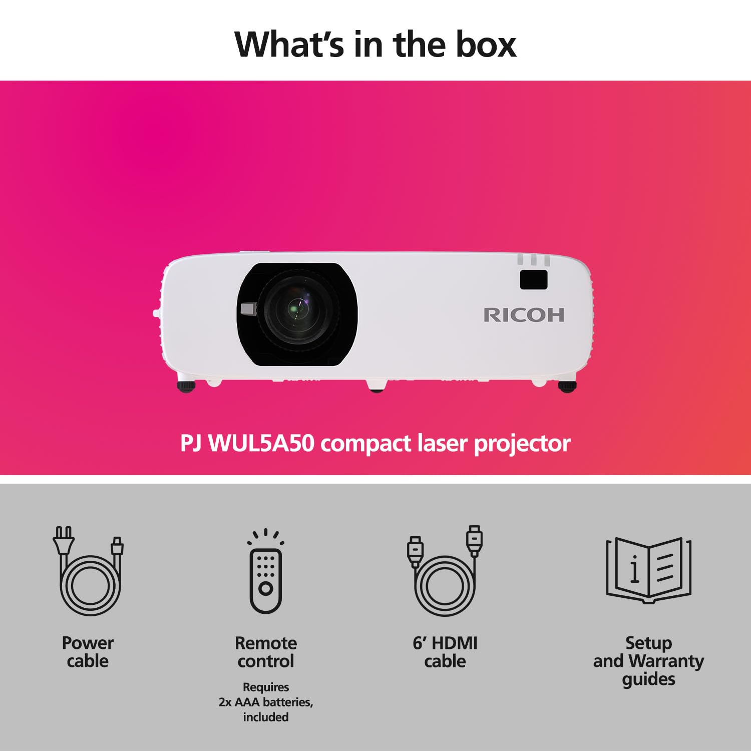 RICOH PJ WUL5A50 Compact 3LCD Laser Projector | 5200 Lumens | 1920x1200 WUXGA w/4K Input | 30-300