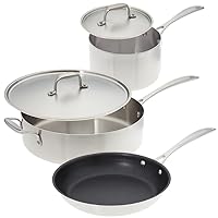 American Kitchen - Stainless Steel Cookware Set: 10 inch fry pan, 12 inch saute pan and 3 quart sauce pan, Made In America