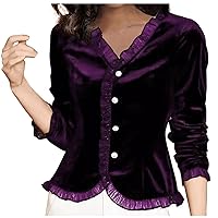 Frill Trim Vintage Velvet Shirts Women Slim V Neck Long Sleeve Button Pullover 2024 Spring Casual Fitted Dressy Tops