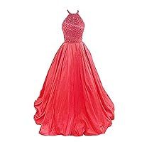 Tsbridal Women Halter A line Beaded Satin Prom Evening Dress Long Wedding Party Gown with Pockets