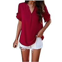 Women's Shirts Summer Dressy Casual V Neck Frill Trim Petal Sleeve Blouses Ladies Cute Solid Loose Fit Tunic Tops