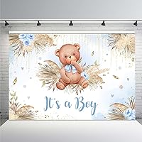 MEHOFOND Boho Bear Baby Shower Backdrop for Boy Baby Shower Party Decorations Bohemian Pampas Gass It's a Boy Baby Shower Photography Background Gold Glitter Dots Decor 8x6ft