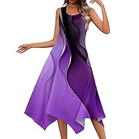 Dresses for Women 2024 Casual Round Neck Sleeveless Print Irregular Hem Midi Dress