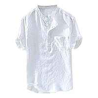 Mens Cotton Linen Henley Shirts Big and Tall Summer Short Sleeve Button Up Band Collar Beach Yoga Tops with Pocket
