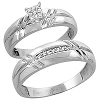 Genuine 10k White Gold Diamond Trio Wedding Sets for Him and Her 5 Grooves 3-piece 6mm & 5.5mm wide 0.12 cttw Brilliant Cut sizes 5-14
