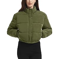 Flygo Women's Cropped Puffer Jacket - Full Zip Padding Warm Quilted Jackets Winter Coats(ArmyGreen-M)