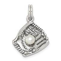 925 Sterling Silver Solid Textured Polished Baseball Glove With Syn. Freshwater Cultured Pearl Charm Pendant Necklace Measures 13x13mm Wide Jewelry for Women