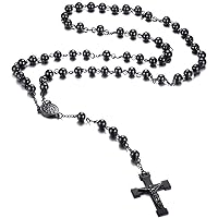 Catholic Stainless Steel Beads Rosary Necklace Crucifix Jesus Cross Medal Religious Prayer Necklaces 4mm/6mm/8mm Black
