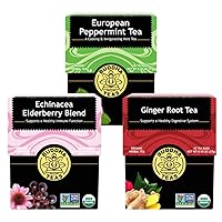 Buddha Teas - Holiday Organic Tea Bundle - With European Peppermint Tea, Echinacea Elderberry Blend Tea & Ginger Root Tea - Antioxidants & Minerals - Clean Ingredients - OU Kosher & Non-GMO -Pack of 3