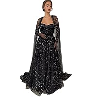 Women's Sparkle Starry Tulle Prom Dresses Sweetheart Neck A-Line Formal Party Dress with Long Cape Sleeves