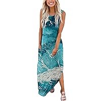 Summer Dresses for Women Casual Sleeveless Split Long Dress Loose Fit Crewneck Boho Tank Dress Beach Sundress with Pockets