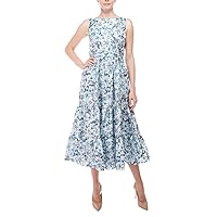 Badgley Mischka Bateau Neck Sleeveless Cutout Back Ruffled Hem A-line Floral Print Jacquard Dress Blue Multi / 6