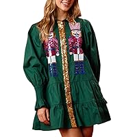 Women Christmas Cute Ugly Funny Sequin Patchwork Print Loose Long Sleeves Lapel Pullover Tops Dress