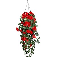 Artificial Flowers in Basket, Artificial Hanging Baskets with Flowers Outdoors Indoors Courtyard Decor, Artificial Vine Silk Rose Flower for Patio Garden Porch Deck Decoration