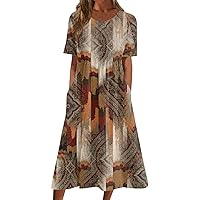 Women's Casual Dresses Printed Summer Printed Pleated Round Neck Maxi Dresses Basic Short Sleeve Loose Dresses