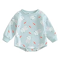 Newborn Baby Boys Girls Easter Outfits Long Sleeve Bunny Print Bubble Oversized Sweatshirt Romper Spring Jumpsuits