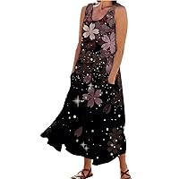 Women's Causal Summer Dress Sleeveless Crew Neck Tank Dresses 2024 Beach Floral Lightweight Dress with Pockets